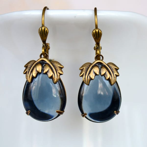 Art Nouveau Art Deco Antiqued Gold Brass Montana Blue Glass Drop Earrings