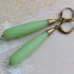 Art Deco Long Sea Foam Green Earrings, Frosted Glass Drop Earrings, Antiqued Gold Brass Earrings image 1