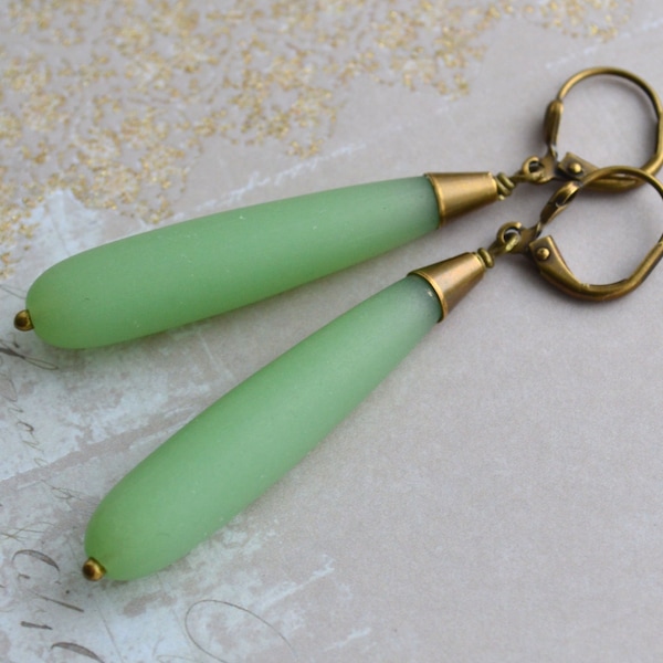 Art Deco Long Sea Foam Green Earrings, Frosted Glass Drop Earrings, Antiqued Gold Brass Earrings