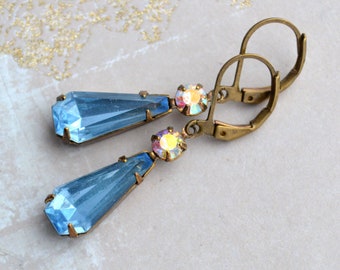 Art Deco Earrings, Antiqued Brass, AB and Light Sapphire Blue Crystal Drop Earrings