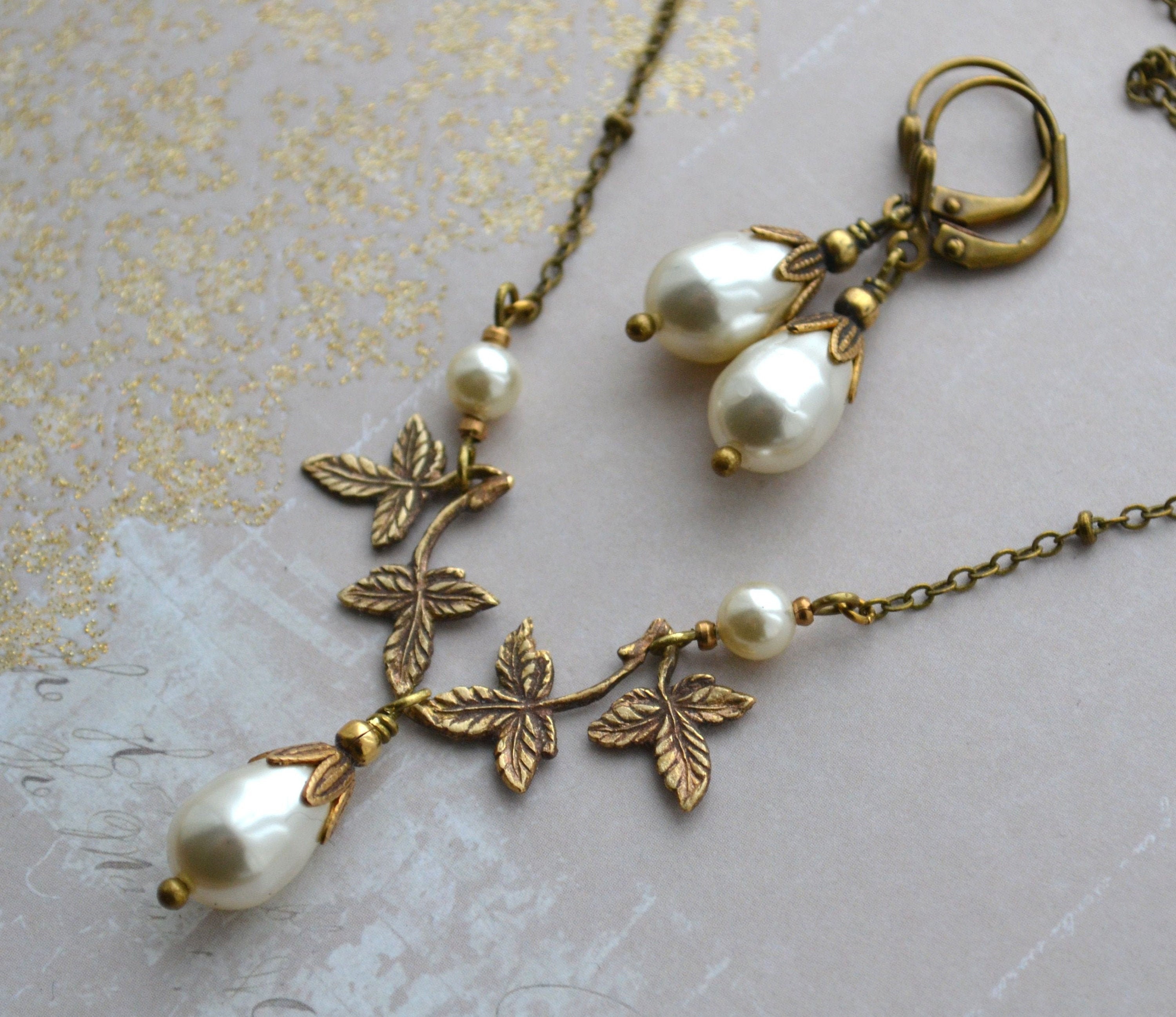 Art Nouveau Swarovski Pearl Drop Antique Gold Brass Bridal | Etsy UK