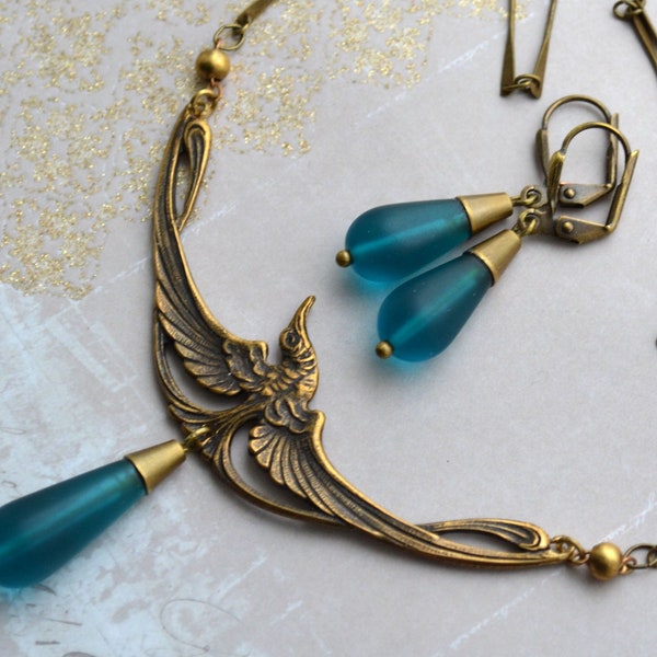 Art Nouveau Antiqued Gold Bird Necklace Set, Teal Blue Frosted Sea Glass Drop Necklace & Earring Set