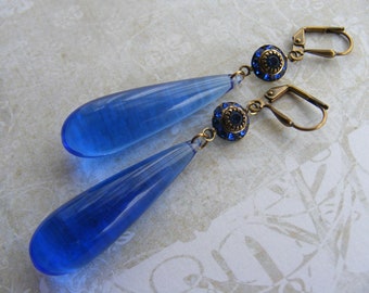 Art Deco Style Long Sapphire Blue Drop & Swarovski Crystal Earrings