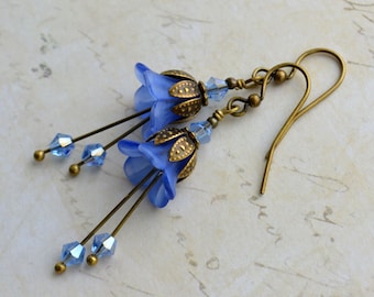 Boucles D'oreilles Pendantes Vintage Art Nouveau - Fait Main - Verre Et Métal Doré - Fermoir Dormeuse - Occasion