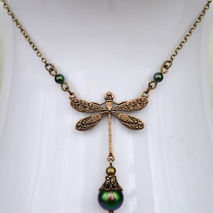 Art Nouveau Antiqued Brass Dragonfly Necklace with Scarabaeus Green Crystal Pearls