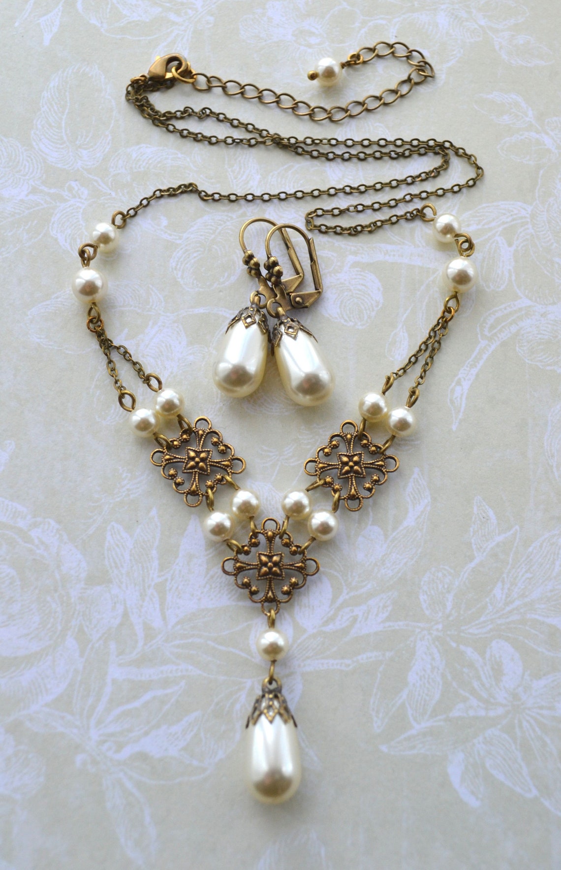 Tudor Style Antiqued Brass Filigree Swarovski Crystal Pearl | Etsy