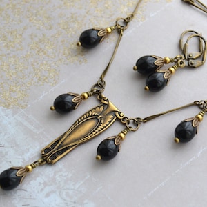 Art Nouveau Antiqued Gold Brass Jet Black Czech Glass Drop Necklace and Earring Set