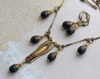 Art Nouveau Antiqued Gold Brass Jet Black Czech Glass Drop Necklace and Earring Set