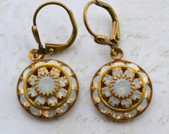 Art Deco Style Brass White Opal Crystal Drop Bridal Earrings
