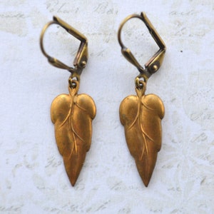 Art Nouveau Style Antiqued Gold Brass Vintage Leaf Earrings