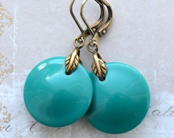 Art Deco Teal Circular Disc Earrings