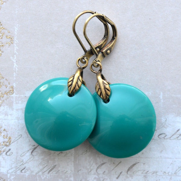 Art Deco Teal Circular Disc Earrings