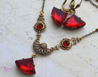 Art Deco Style Ruby Red Antiqued Gold Brass Necklace and Earring Set