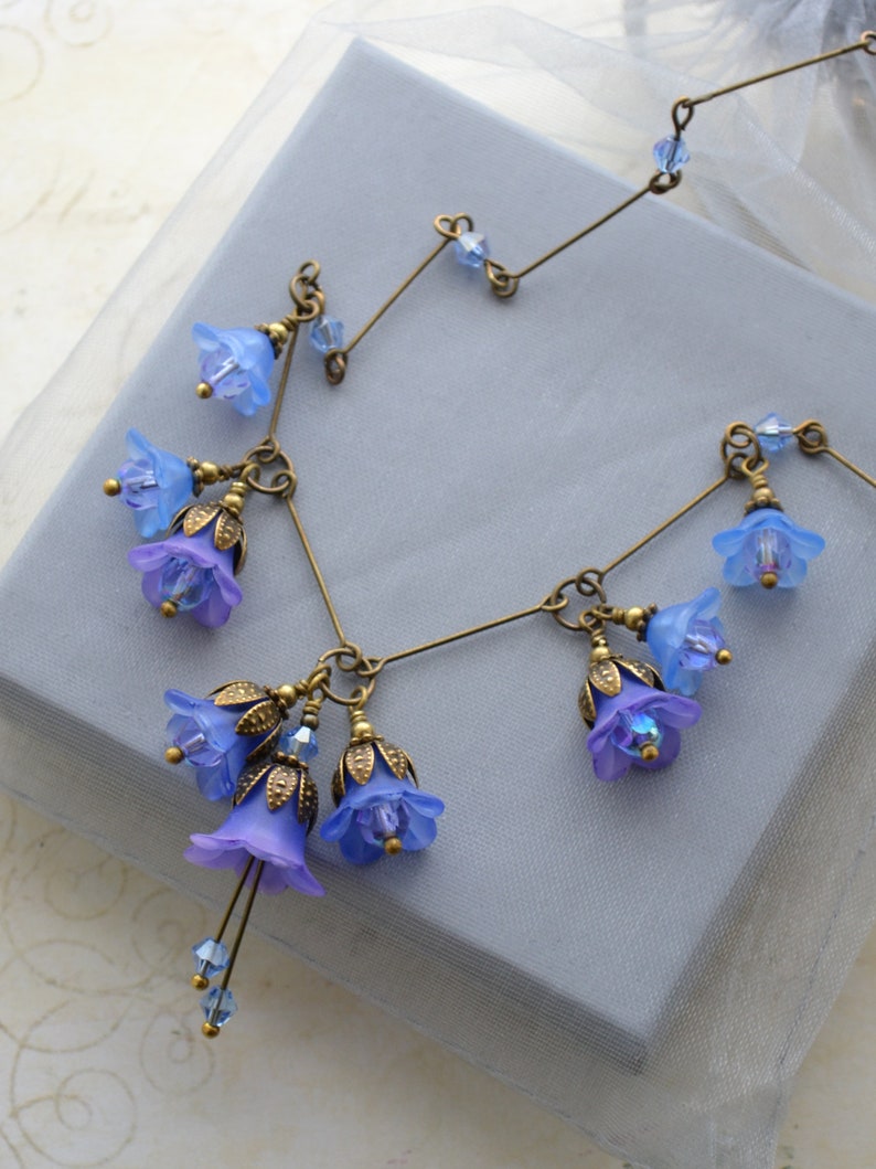 Art Nouveau Handmade Hand Painted Vintage Style Bluebell Lucite Flower Necklace image 6