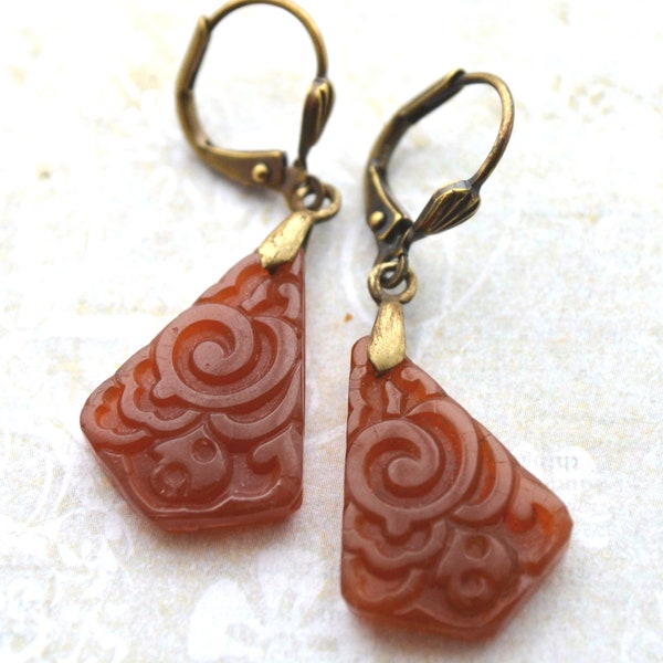 Art Deco antiqued Brass Dark Amber Carnelian Czech Carved Glass Earrings