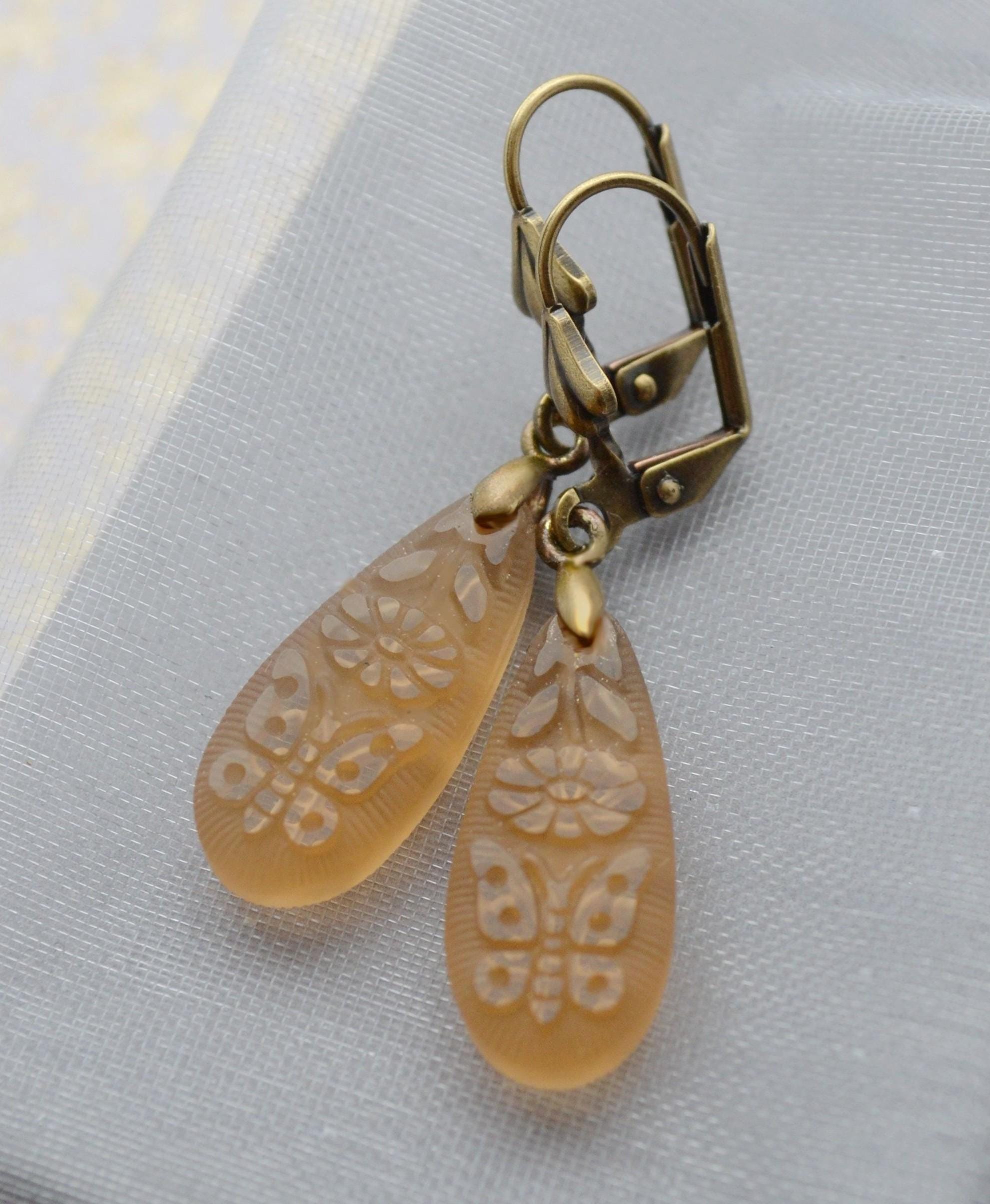 Art Deco Pale Topaz Glass Earrings, Frosted Lalique Style Drops - Etsy