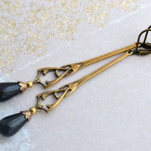 Art Nouveau, Long, Elegant Antiqued Gold Brass Jet Black Onyx Drop Earrings