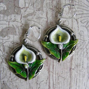 Art Nouveau Silver ox Hand Painted Floral Lily Earrings