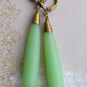 Art Deco Long Sea Foam Green Earrings, Frosted Glass Drop Earrings, Antiqued Gold Brass Earrings image 3