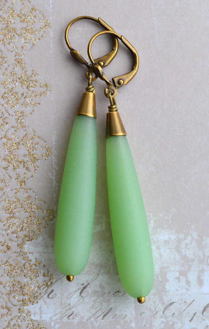 Art Deco Long Sea Foam Green Earrings, Frosted Glass Drop Earrings, Antiqued Gold Brass Earrings image 3