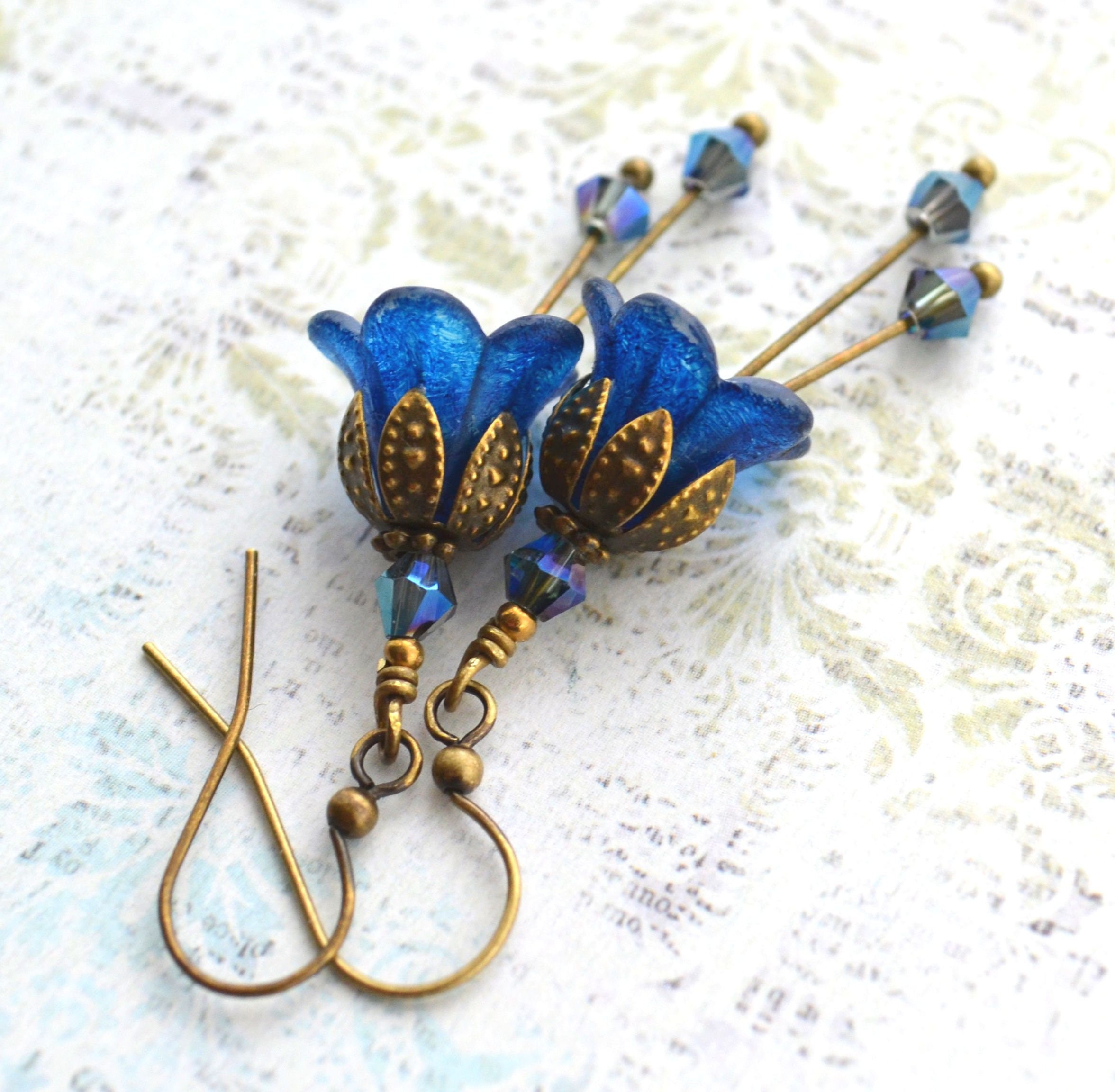 Boucles D'Oreilles Vintage Style Art Nouveau / Édouardien - Dorées, Faites Main, Fermoir Dormeuse - Occasion