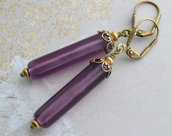 Art Deco Plum Purple Earrings, Antiqued Gold Brass Long Drop Earrings,