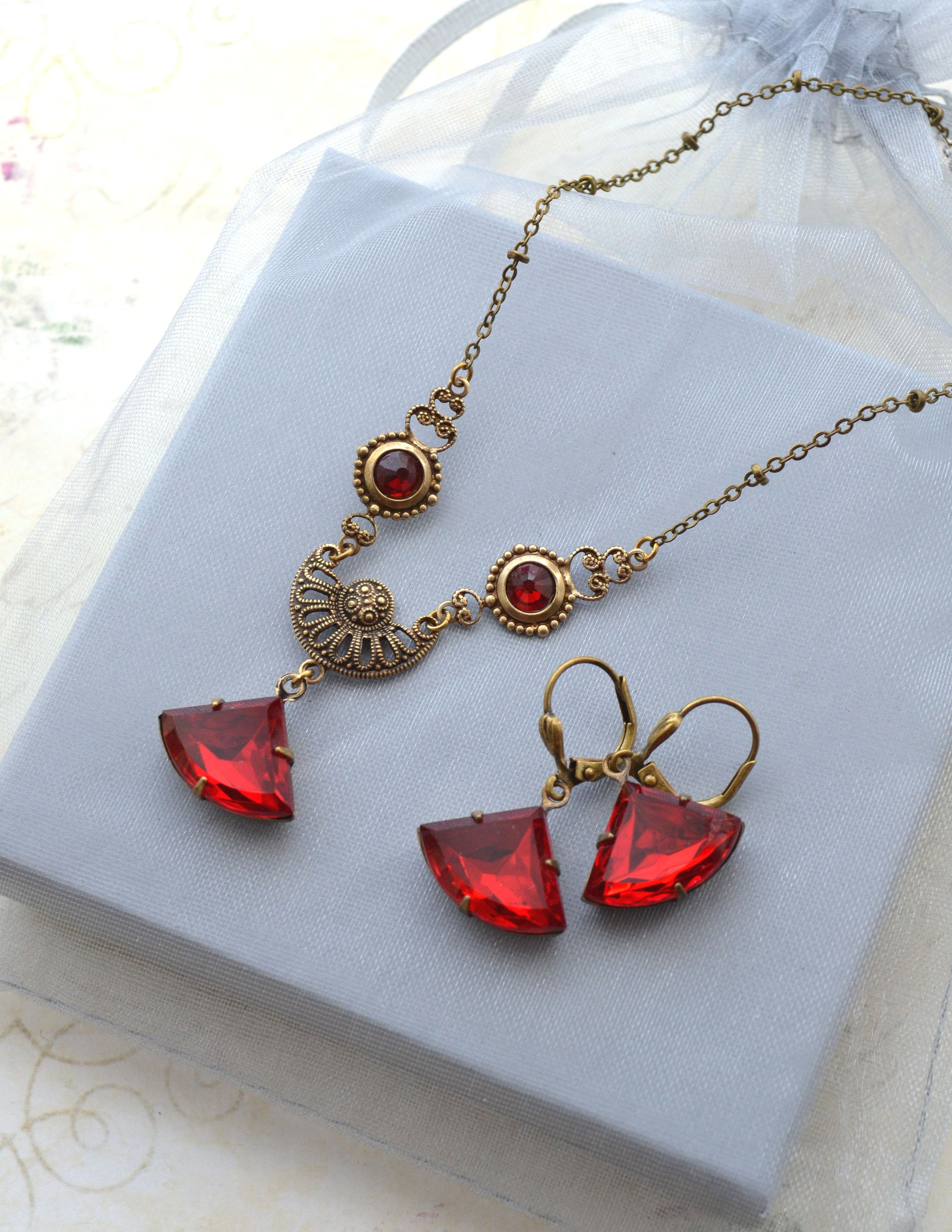 Art Deco Style Ruby Red Antiqued Gold Brass Necklace and - Etsy UK