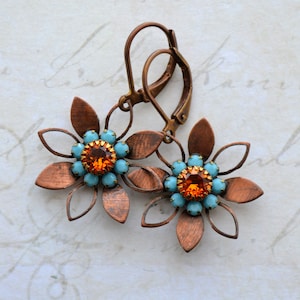 Art Nouveau Earrings, Turquoise & Orange Flower Earrings, Crystal Antiqued Brass Lever Back Earrings