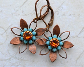 Art Nouveau Earrings, Turquoise & Orange Flower Earrings, Crystal Antiqued Brass Lever Back Earrings