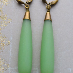 Art Deco Long Sea Foam Green Earrings, Frosted Glass Drop Earrings, Antiqued Gold Brass Earrings image 4