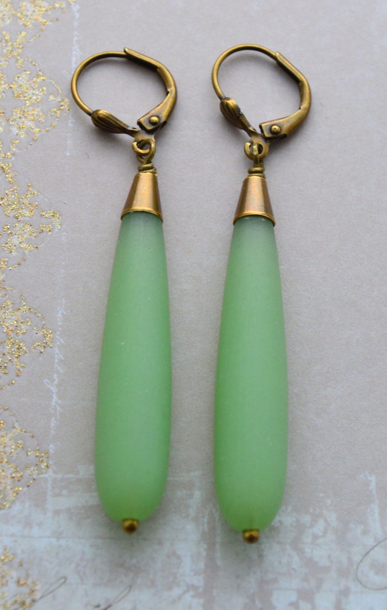 Art Deco Long Sea Foam Green Earrings, Frosted Glass Drop Earrings, Antiqued Gold Brass Earrings image 4