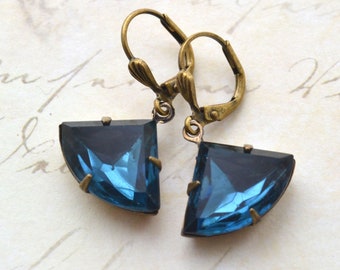 Art Deco Antiqued Gold Brass Montana Blue Glass Fan Drop Earrings