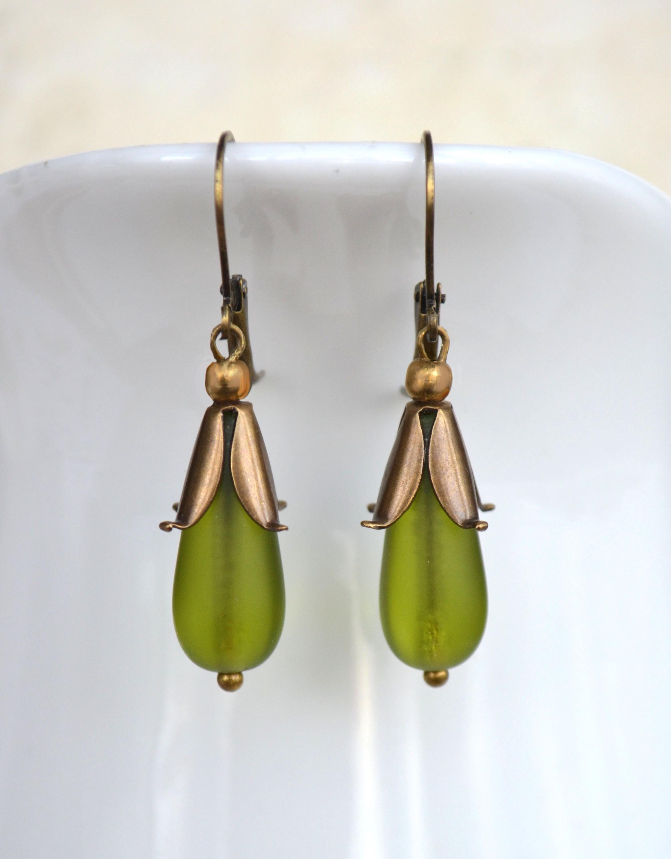 Art Nouveau Antiqued Brass Floral Necklace & Earring Set  Vintage Womens Green & Silver Nouveau Necklace & Earrings 4 in 1 main image 1