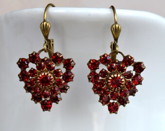 Art Deco Red Crystal Earrings, Antiqued Gold Brass Earrings