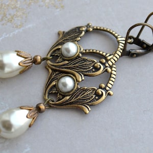 Art Nouveau, Art Deco Crystal Pearl Bridal Earrings, Antiqued Gold Brass Floral Earrings