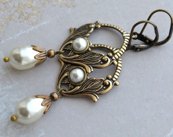Art Nouveau, Art Deco Crystal Pearl Bridal Earrings, Antiqued Gold Brass Floral Earrings