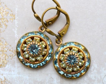 Art Deco Style Brass Aqua Blue & Light Green Crystal Drop Earrings