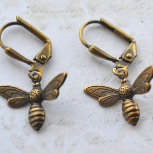 Art Nouveau Style Antiqued Gold Brass Bee Earrings
