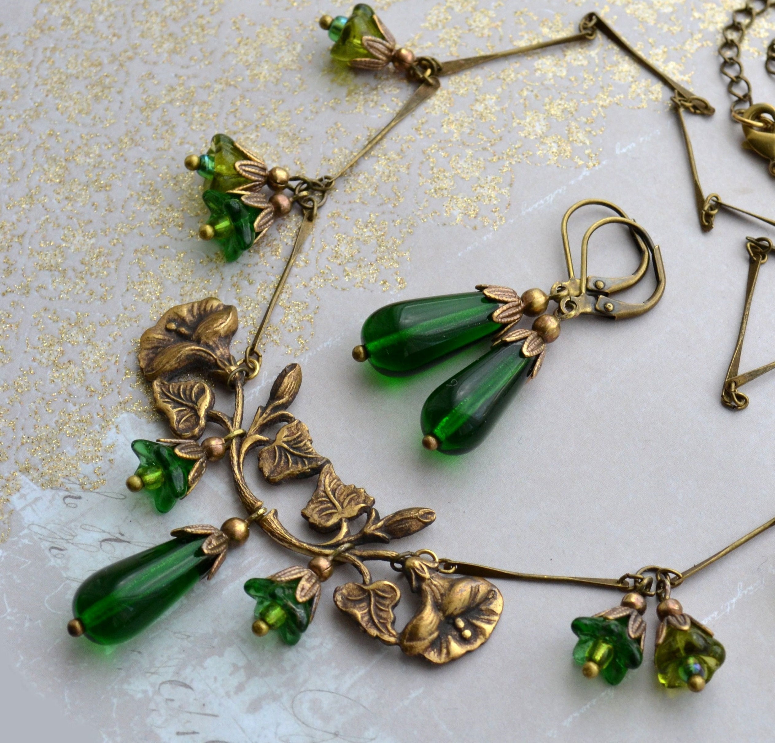 Art Nouveau Antiqued Brass Floral Necklace & Earring Set  Vintage Womens Green & Silver Nouveau Necklace & Earrings 4 in 1 main image 0