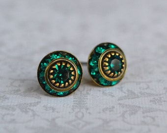 Art Deco Stud Earrings, Emerald Green Crystal Stud Earrings, Crystal Stud Earrings