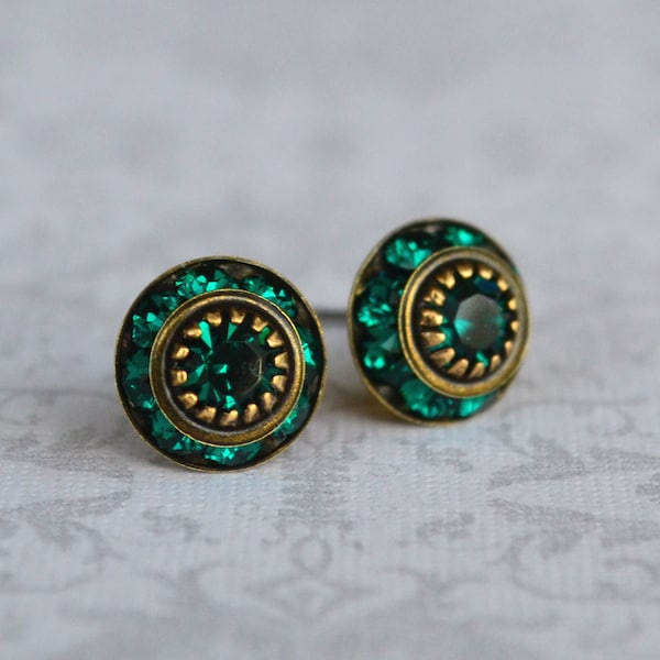 Art Deco Stud Earrings, Emerald Green Crystal Stud Earrings, Crystal Stud Earrings