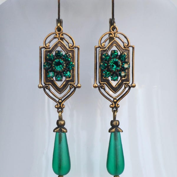Art Nouveau Antiqued brass Earrings, Emerald Green Crystal