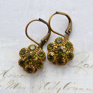 Art Nouveau, Victorian, Art Deco Style Antiqued Brass Olive Green Crystal Drop Earrings