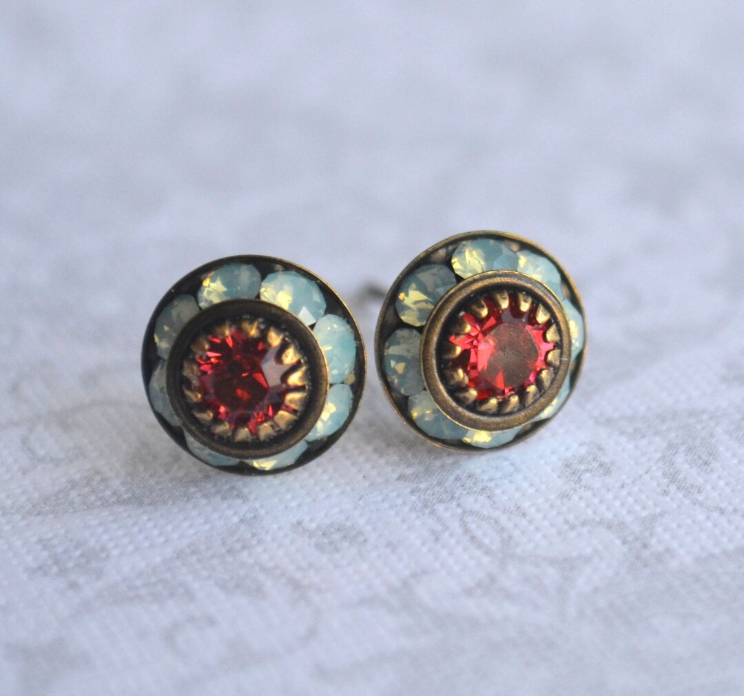 Art Deco Stud Earrings, Pacific Blue Opal Stud Earrings, Padparadscha