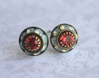 Art Deco Stud Earrings, Pacific Blue Opal Stud Earrings,  Padparadscha Red Stud Earrings, Swarovski Crystal Stud Earrings