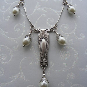 Art Nouveau Style Bridal Antiqued Silver Czech Glass Pearl Necklace & Earring Set