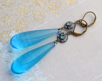 Art Deco Style Long Aqua Blue Drop & Crystal Drop Earrings