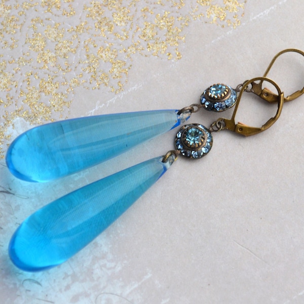 Art Deco Style Long Aqua Blue Drop & Crystal Drop Earrings