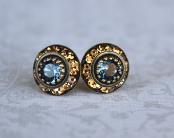 Art Deco Stud Earrings, Topaz & Denim Blue Crystal Stud Earrings, Crystal Stud Earrings