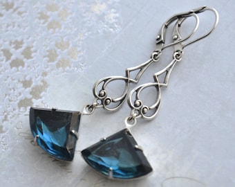 Art Deco Earrings, Art Nouveau Earrings Montanna Blue Glass Earrings, Antiqued Silver Earrings, Fan Shaped Earrings